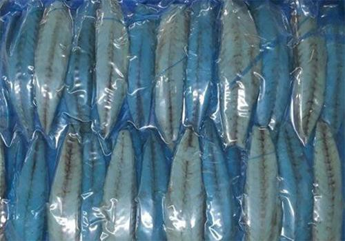 Precooked Pacific mackerel meat portions under protective wrapping Precooked Pacific mackerel meat portions under protective wrapping